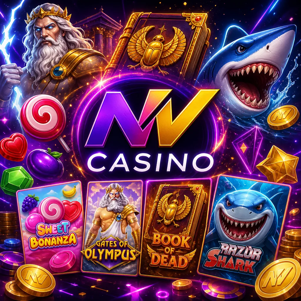 NV Casino online promo square image with neon colors, featuring the official NV Casino logo, slot elements, and a premium gam