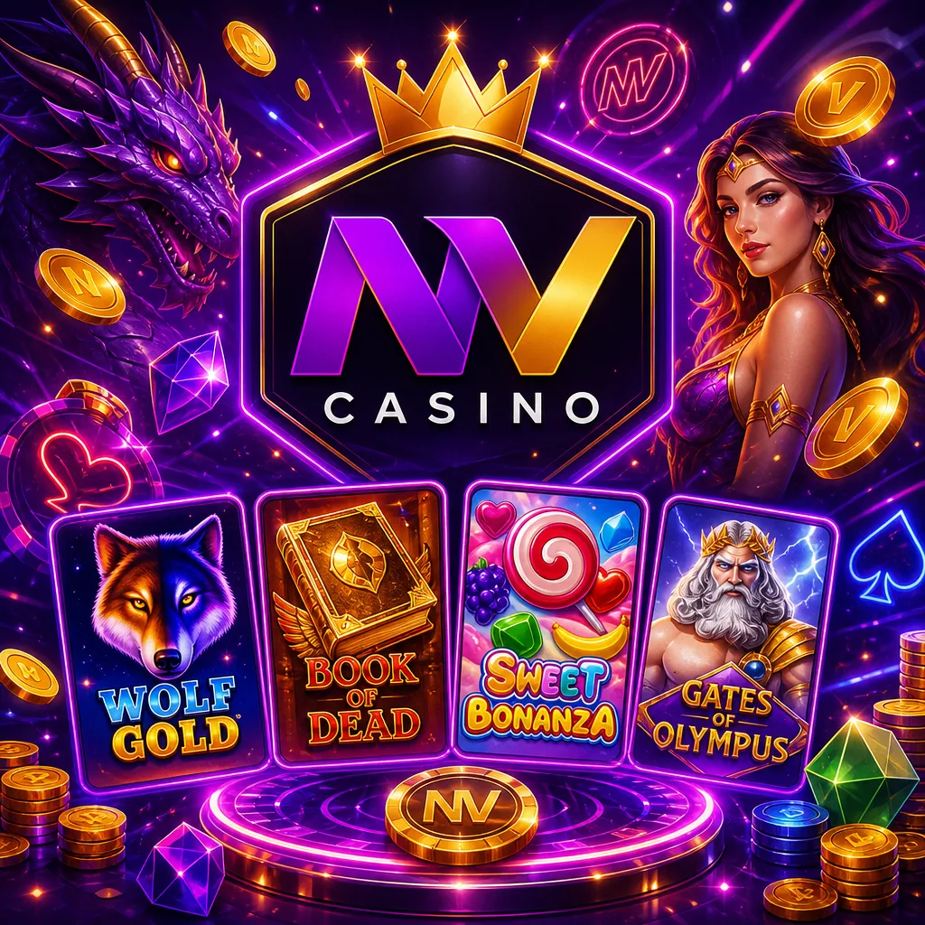 NV Casino square promo image with logo, purple-magenta neon, gold accents, and game visuals.